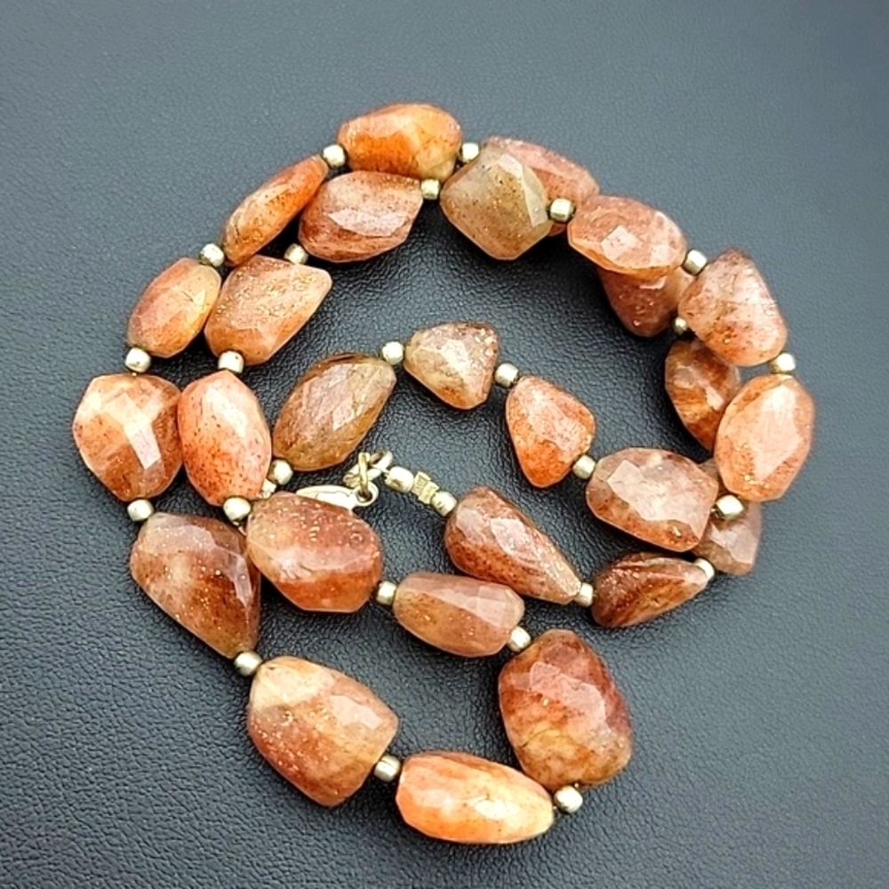 Natural Gem Sunstone 9-12mm Wide 11-15mm Long Faceted Nugget Beads 18" Necklace
